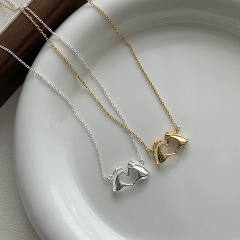 S925 Plata de Ley Corazón Manos Gesto Colgante Collar Vintage Minimalista Cadena de Clavícula Joyería Mujer Regalo San Valentín