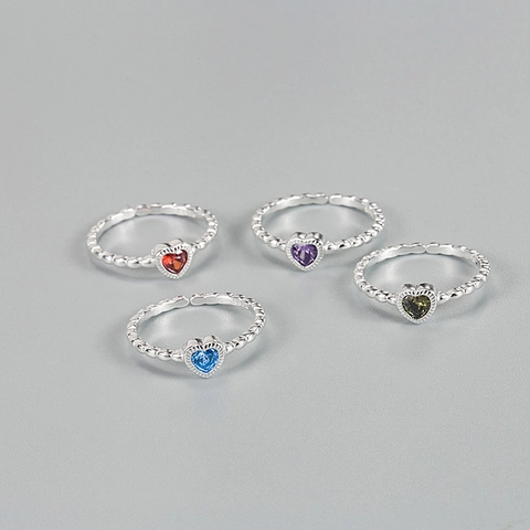 925 Sterling Zilveren Hart Ring Voor Vrouwen Strass Gedraaid Open Verstelbare Ring Elegante Sieraden Cadeau Rood Paars Blauw Groen