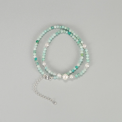 Collana Artigianale in Argento Sterling 925 con Amazonite per Donna Catena a Clavicola con Perle Artificiali Barocche