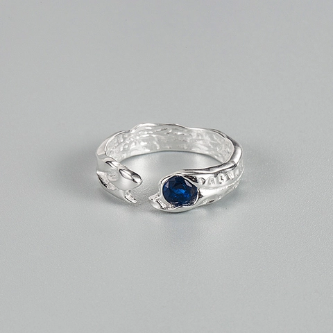 Korean Ins Style S925 Sterling Silver Open Ring For Women Marine Blue Zirconia Inlaid Lava Texture Adjustable Finger Ring