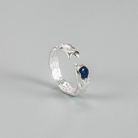 Korean Ins Style S925 Sterling Silver Open Ring For Women Marine Blue Zirconia Inlaid Lava Texture Adjustable Finger Ring