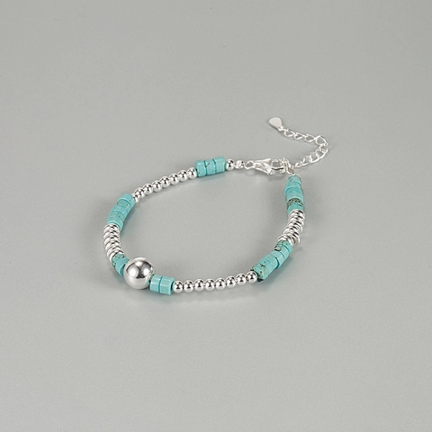 Pulsera de Plata de Ley S925 con Cuentas de Turquesa para Mujer Diseño Coreano Cuentas Circulares Ajustable Joyería de Regalo