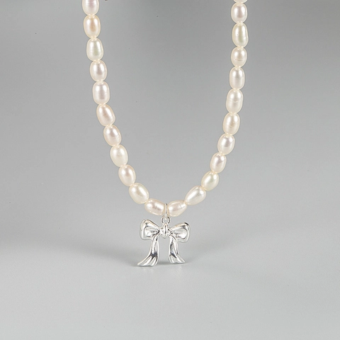 Elegante Collana di Perle d'Acqua Dolce Barocche in Argento Sterling S925 Con Pendente a Fiocco Gioielli da Donna