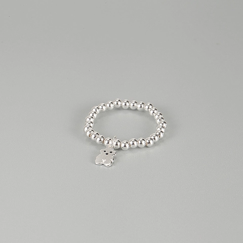 Anillo de Cuentas de Plata de Ley 925 para Mujer Anillo Elástico Hecho a Mano Minimalista Con Colgante de Oso Joyería de Nicho