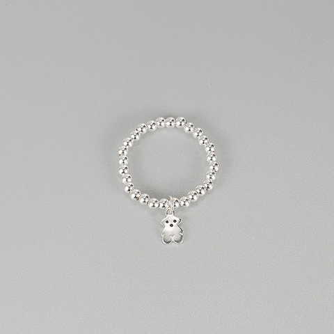 Anillo de Cuentas de Plata de Ley 925 para Mujer Anillo Elástico Hecho a Mano Minimalista Con Colgante de Oso Joyería de Nicho