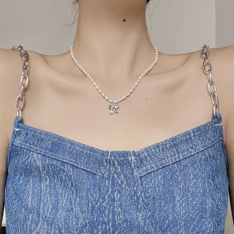 Elegante Collana di Perle d'Acqua Dolce Barocche in Argento Sterling S925 Con Pendente a Fiocco Gioielli da Donna