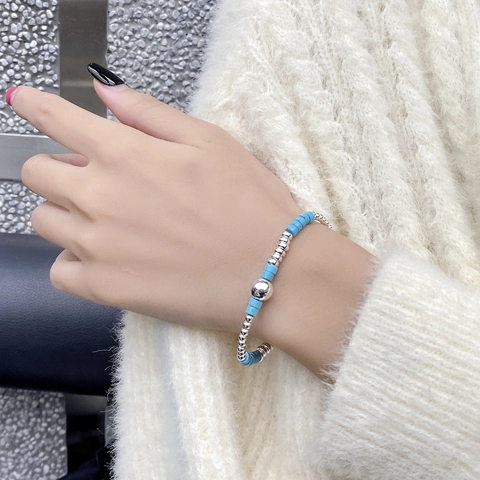 Pulsera de Plata de Ley S925 con Cuentas de Turquesa para Mujer Diseño Coreano Cuentas Circulares Ajustable Joyería de Regalo
