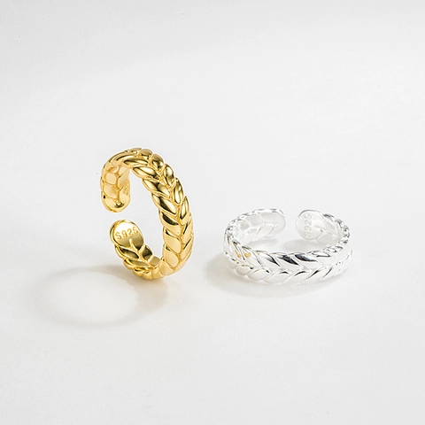 S925 Sterling Silver Wheat Ear Ring For Women Trendy Korean Style Adjustable Open Finger Ring 18K Gold Plated Woven Design Fashion Jewelry