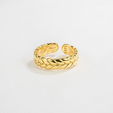 S925 Sterling Silver Wheat Ear Ring For Women Trendy Korean Style Adjustable Open Finger Ring 18K Gold Plated Woven Design Fashion Jewelry