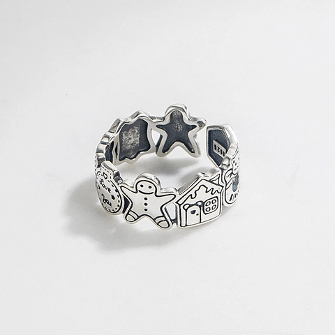 Anello Aperto omino di Pan di Zenzero Vintage in Argento Sterling S925 per Donna Gioielli Regolabili a Forma di Cuore di Orso Cartone Animato
