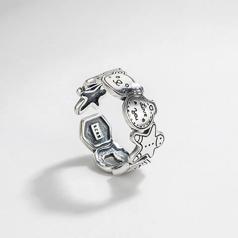 Anello Aperto omino di Pan di Zenzero Vintage in Argento Sterling S925 per Donna Gioielli Regolabili a Forma di Cuore di Orso Cartone Animato
