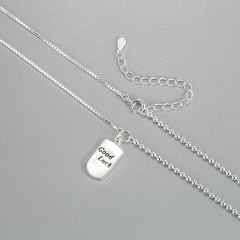 925 Sterling Silver Luck Square Plate Pendant Necklace For Women Geometric Ball Chain Minimalist Design Clavicle Jewelry Gift