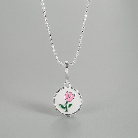 925 Sterlingsilber Tulpe Halskette Für Damen Leichter Luxus Emaille Blumen Rund Anhänger Schlüsselbeinkette Schmuck Geschenk