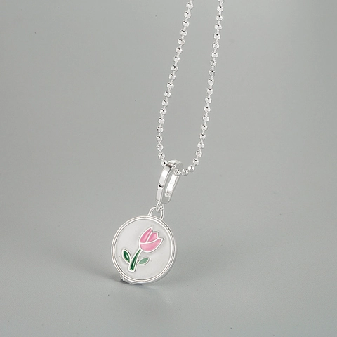 925 Sterlingsilber Tulpe Halskette Für Damen Leichter Luxus Emaille Blumen Rund Anhänger Schlüsselbeinkette Schmuck Geschenk