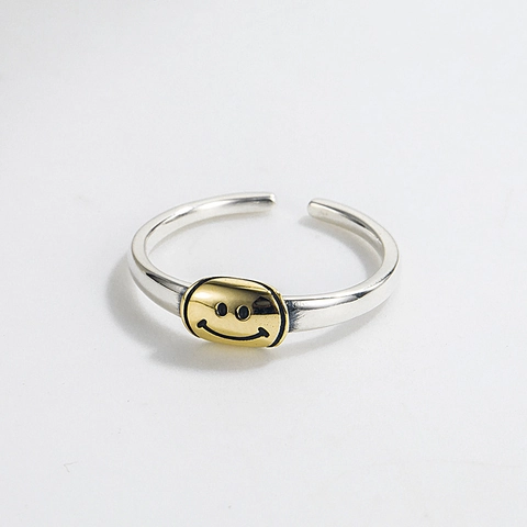 925 Sterlingsilber Smiley Gesicht Offener Ring Für Damen Vintage Nischendesign Vergoldet Verstellbar Mode Fingerschmuck Geschenk
