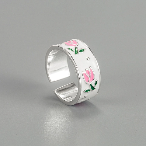 S925 Sterling Silver Tulip Flower Open Ring For Women Enamel Floral Adjustable Minimalist Fashion Jewelry Dating Gift