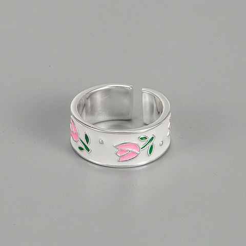 S925 Sterling Silver Tulip Flower Open Ring For Women Enamel Floral Adjustable Minimalist Fashion Jewelry Dating Gift