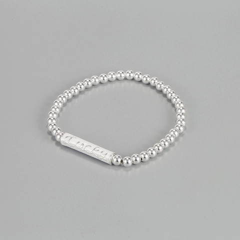 Pulsera Elástica de Cuentas de Plata de Ley S925 Letra Lucky Minimalista Esmalte Cilindro Colgante Joyería para Mujer
