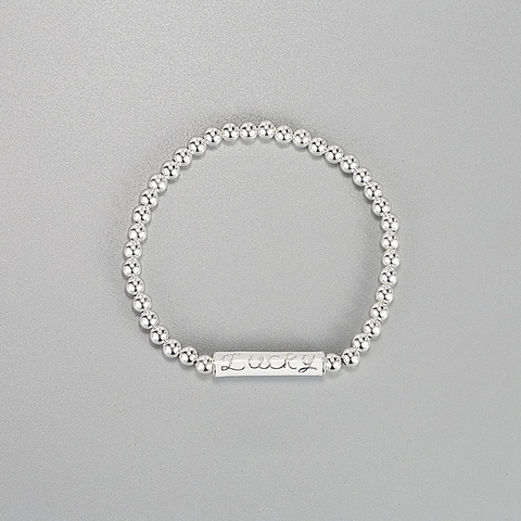 Pulsera Elástica de Cuentas de Plata de Ley S925 Letra Lucky Minimalista Esmalte Cilindro Colgante Joyería para Mujer
