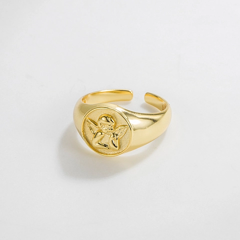 Anillo de Relieve de Ángel de Plata de Ley 925 Vintage para Mujer Minimalista Bañado en Oro 18K Ajustable Abierto Joyería