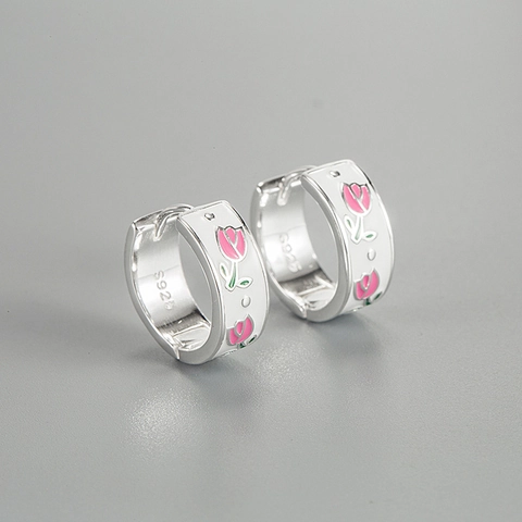 Pendientes de Aro S925 de Plata de Ley con Flor de Tulipán Esmalte Rosa Floral Pequeños Huggies para Mujer Joyas Estilo Coreano Diario Regalo