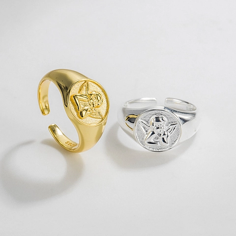 Anillo de Relieve de Ángel de Plata de Ley 925 Vintage para Mujer Minimalista Bañado en Oro 18K Ajustable Abierto Joyería
