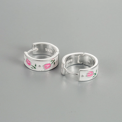 Pendientes de Aro S925 de Plata de Ley con Flor de Tulipán Esmalte Rosa Floral Pequeños Huggies para Mujer Joyas Estilo Coreano Diario Regalo