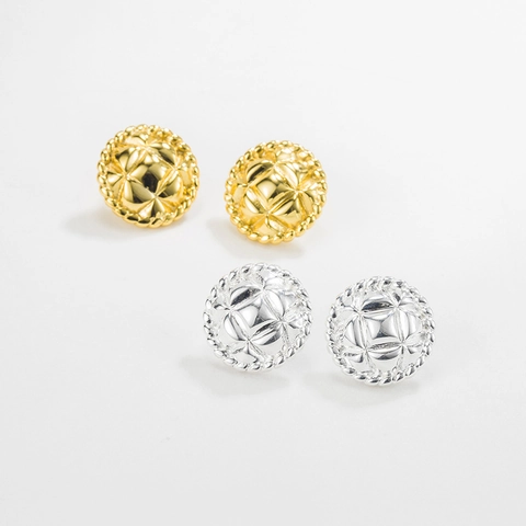 Pendientes de Botón Redondos de Plata de Ley 925 Retro Bañados en Oro de 18K Patrón Acolchado Borde de Cuerda Joyería Elegante para Mujer