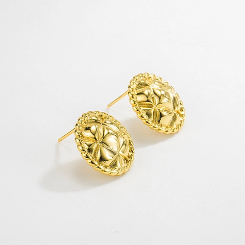 Pendientes de Botón Redondos de Plata de Ley 925 Retro Bañados en Oro de 18K Patrón Acolchado Borde de Cuerda Joyería Elegante para Mujer