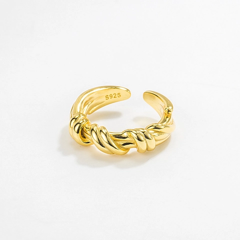 925 Sterlingsilber Doppellagig Kordel Offener Ring Für Damen Minimalistisch Verstellbar 18K Vergoldeter Croissant Fingerring
