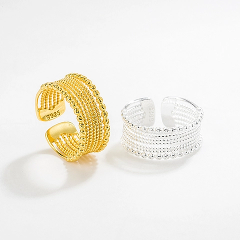 S925 Sterlingsilber Vintage Breites Gewebtes Band Ring Für Damen Verstellbarer Offener Fingerring 18K Vergoldeter Schmuck