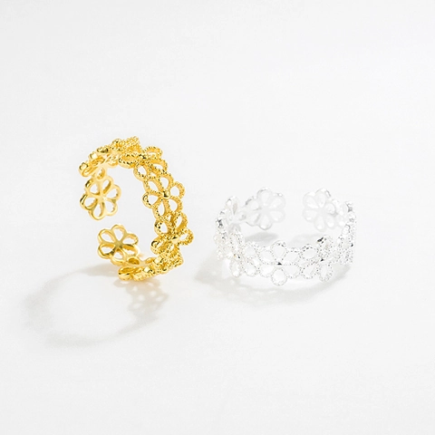 Anillo Abierto de Plata de Ley S925 Con Flores de Encaje Hueco Para Mujer Anillo Ajustable Minimalista Geométrico Joyería Elegante