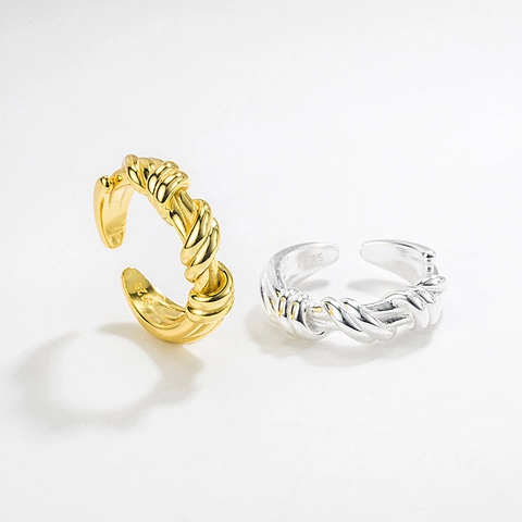 925 Sterlingsilber Doppellagig Kordel Offener Ring Für Damen Minimalistisch Verstellbar 18K Vergoldeter Croissant Fingerring