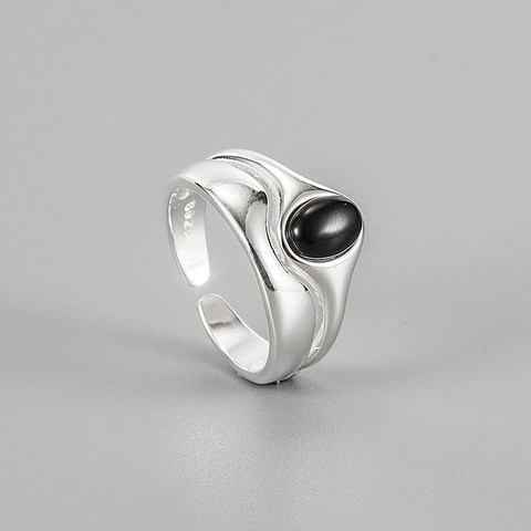 S925 Sterling Zilver Zwarte Agaat Open Ring Voor Vrouwen Koreaanse Minimalistische Onregelmatige Geometrische Verstelbare Sieraden