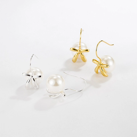 Pendientes de Plata de Ley 925 con Lazo y Perlas Artificiales Joyería Minimalista Coreana Chapada en Oro y Plata