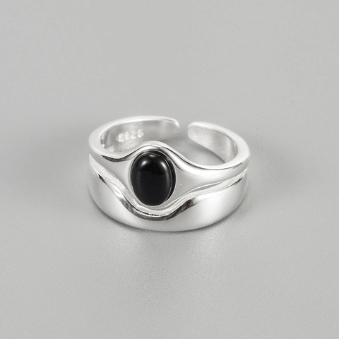 S925 Sterling Zilver Zwarte Agaat Open Ring Voor Vrouwen Koreaanse Minimalistische Onregelmatige Geometrische Verstelbare Sieraden
