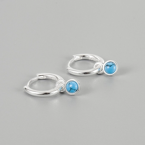 Pendientes de Aro de Plata de Ley 925 Turquesa para Mujer Estilo Coreano Minimalista Piedra Azul Colgante Joyería Regalo