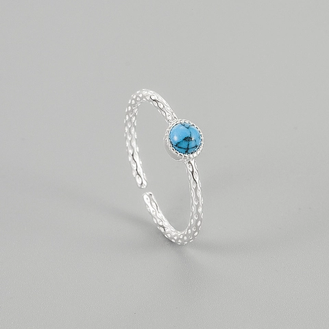 S925 Sterling Silver Adjustable Ring For Women Synthetic Blue Turquoise Hammered Texture Minimalist Open Design Jewelry Gift