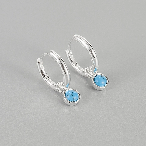 Pendientes de Aro de Plata de Ley 925 Turquesa para Mujer Estilo Coreano Minimalista Piedra Azul Colgante Joyería Regalo