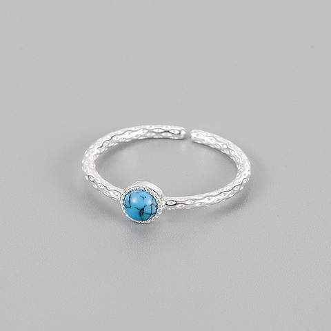 S925 Sterling Silver Adjustable Ring For Women Synthetic Blue Turquoise Hammered Texture Minimalist Open Design Jewelry Gift