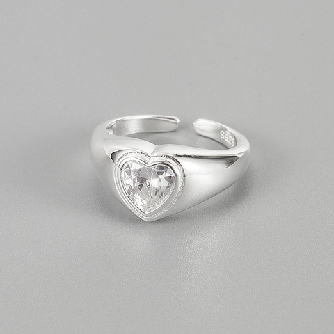 S925 Sterlingsilber Herzform Strass Offener Ring Für Damen Verstellbarer Minimalistischer Breiter Band Fingerring Schmuck Geschenk