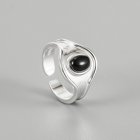 925 Sterlingsilber Ovaler Schwarzer Achat Verstellbarer Offener Ring Für Damen Retro Minimalistischer INS Stil Schmuck Ring