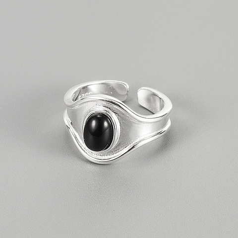 925 Sterlingsilber Ovaler Schwarzer Achat Verstellbarer Offener Ring Für Damen Retro Minimalistischer INS Stil Schmuck Ring