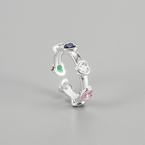 Anello in Argento Sterling 925 a Forma di Cuore per Donna Anello da Dito Regolabile Aperto in Zirconia Colorata Alla Moda Coreana