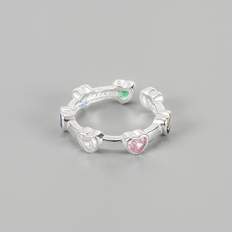Anello in Argento Sterling 925 a Forma di Cuore per Donna Anello da Dito Regolabile Aperto in Zirconia Colorata Alla Moda Coreana