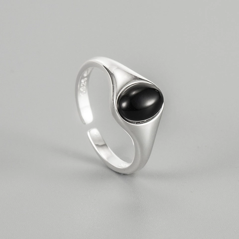 S925 Sterling Silver Black Onyx Open Ring For Women Minimalist Geometric Oval Agate Adjustable Finger Ring Retro INS Jewelry