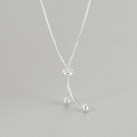 S925 Sterling Silver Minimalist Adjustable Snake Bone Chain Necklace Women Elegant Geometric Tassel Beads Pull Clasp Jewelry