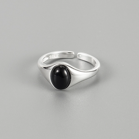 S925 Sterling Silver Black Onyx Open Ring For Women Minimalist Geometric Oval Agate Adjustable Finger Ring Retro INS Jewelry