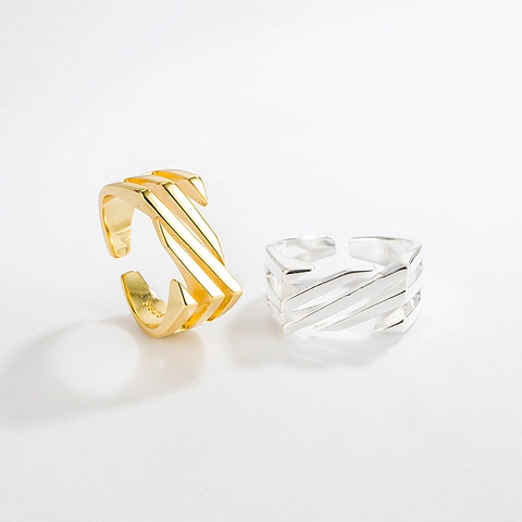 S925 Sterlingsilber Hohl Geometrisch Abgestufter Offener Ring Für Damen Original Design Diagonalstreifen Trendiger Minimalistischer Schmuck