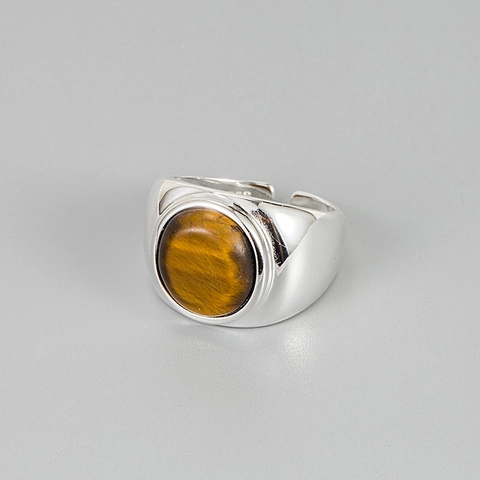 Vintage 925 Sterling Silver Tiger Eye Ring For Women Minimalist Oval Natural Stone Inlaid Open Adjustable Band Hand Jewelry